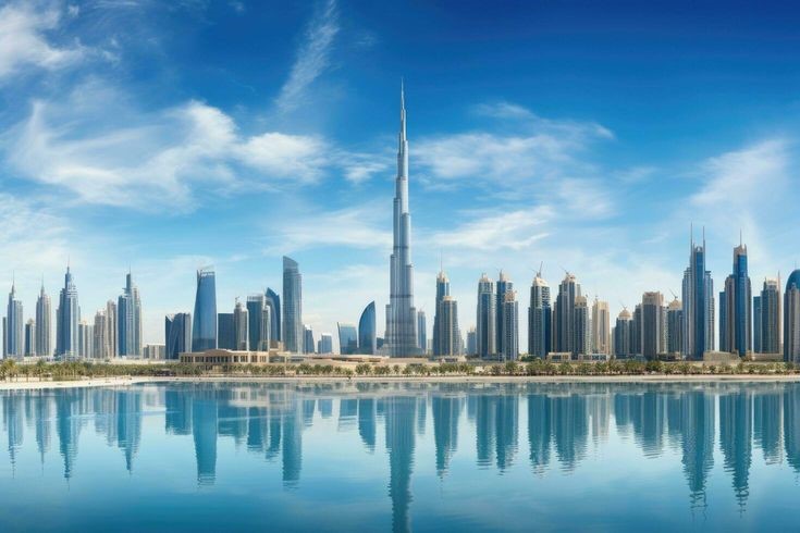 A wide panorama of the Dubai skyline featuring the Burj Khalifa as the central