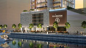 Modern luxury residential tower by Ellington Properties overlooking the Dubai canal, showcasing contemporary design and urban waterfront living.